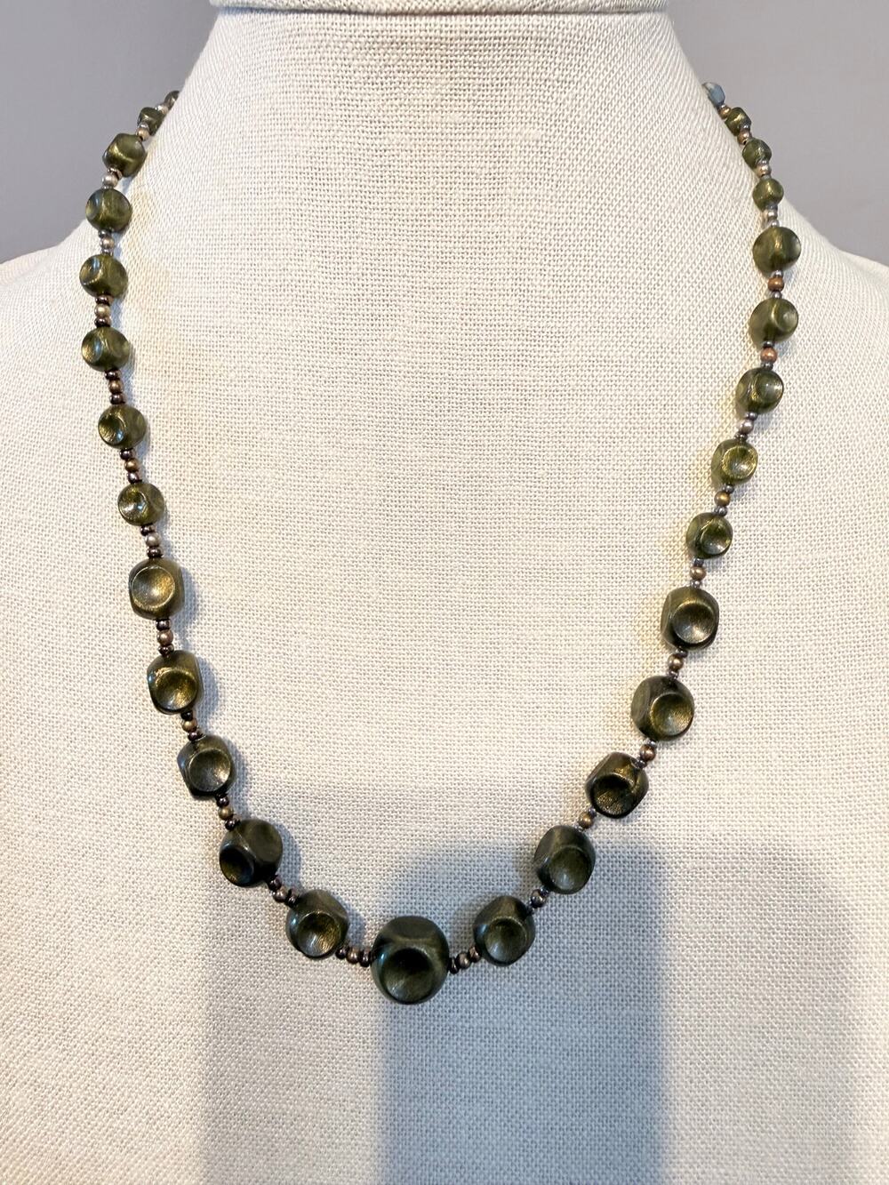 Vintage West Germany Olive Green Lucite Bead Necklace 20”